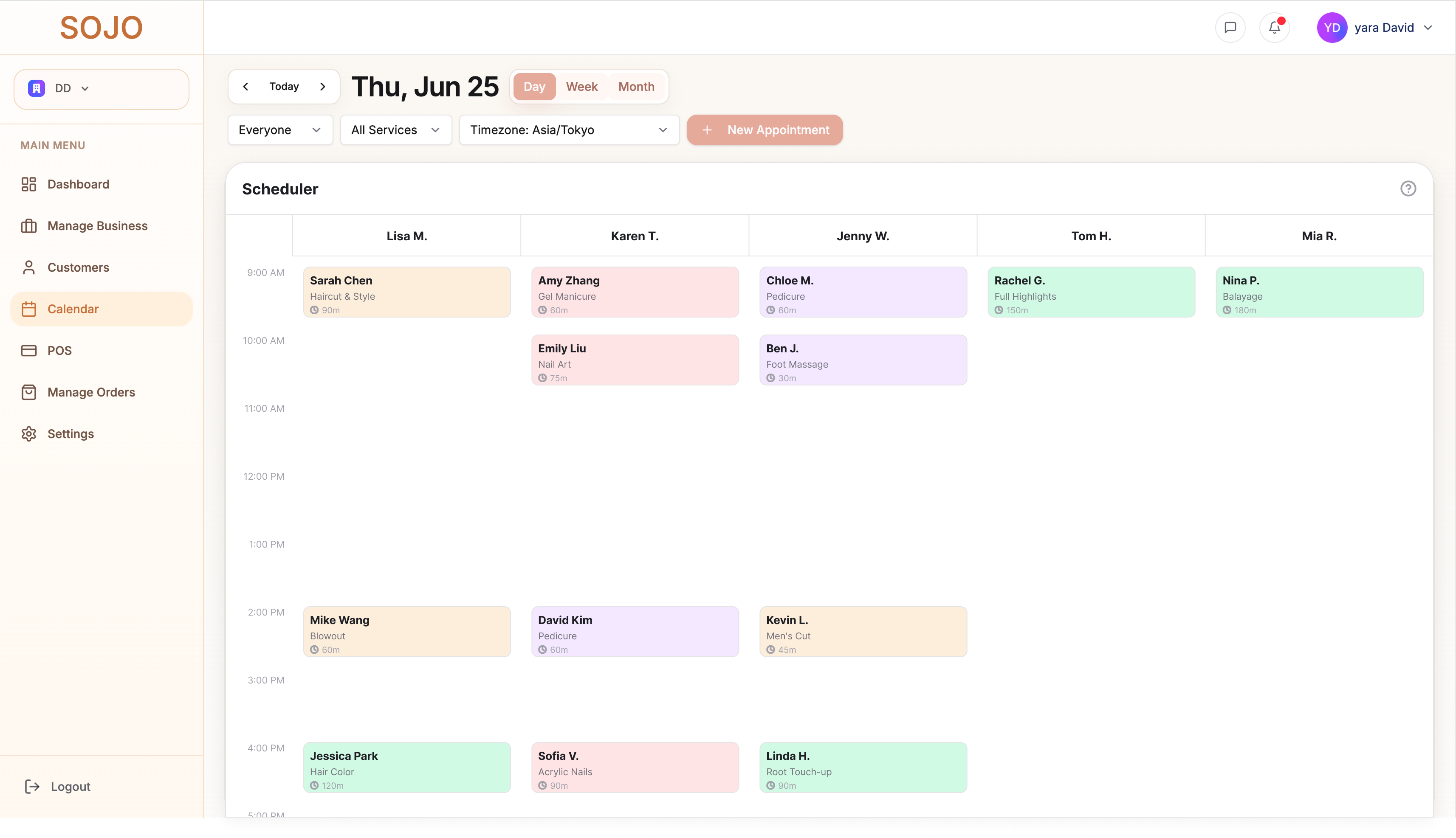 SOJO scheduling workspace with staff calendars and appointments